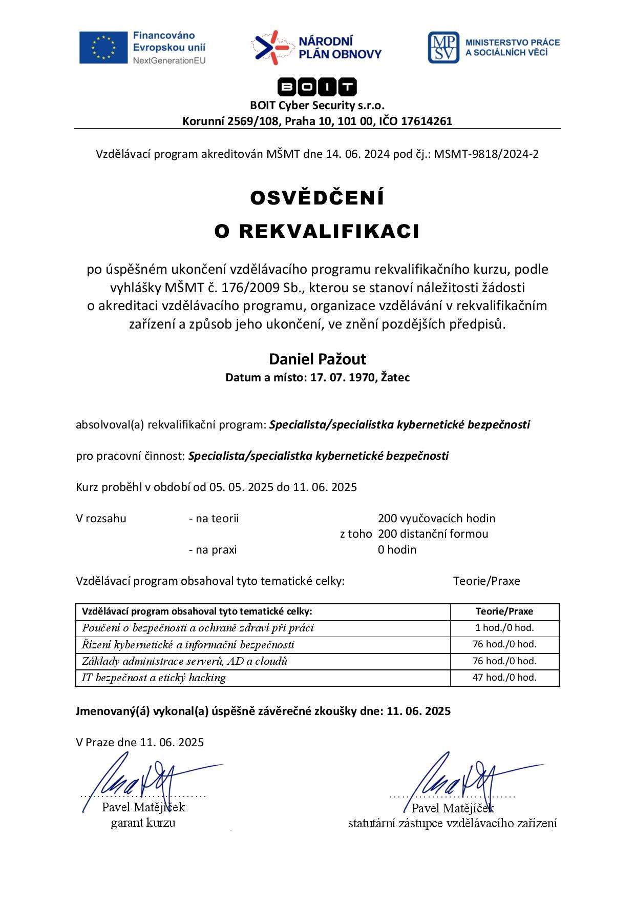 KK Daniel Pazout osvedceni o absolvovani kurzu