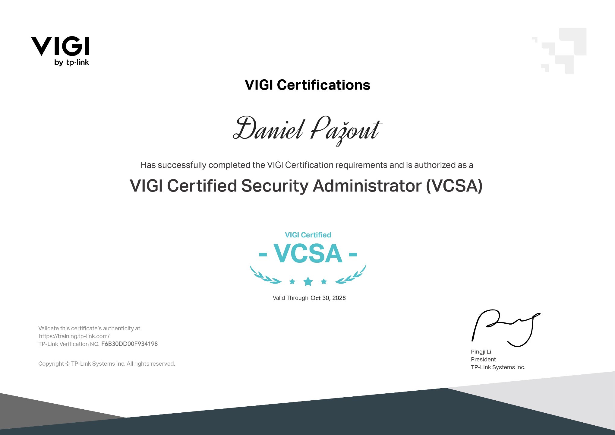 VIGI Certificates Template A4 size VCSA Daniel Pažout